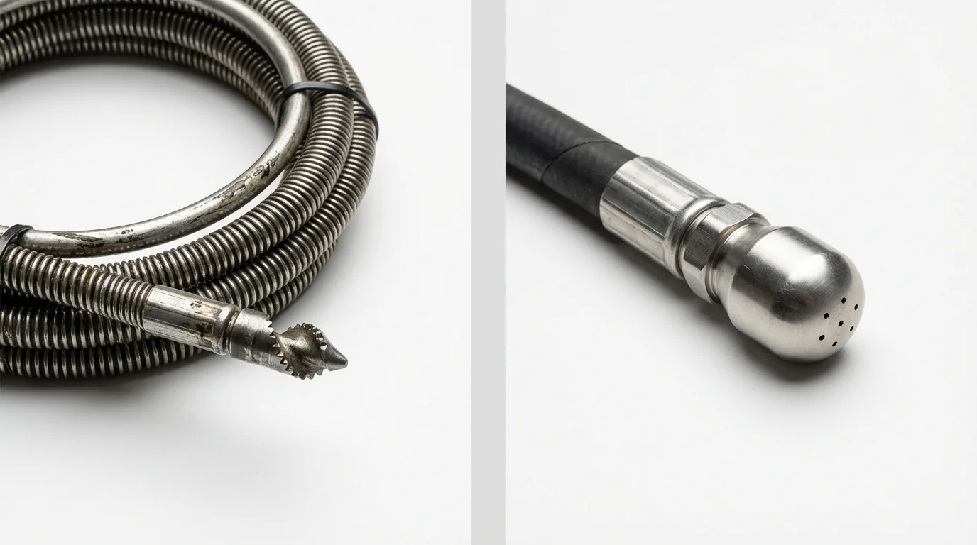 Drain snake cable and hydro jetting nozzle used for drain cleaning in Columbus, MS