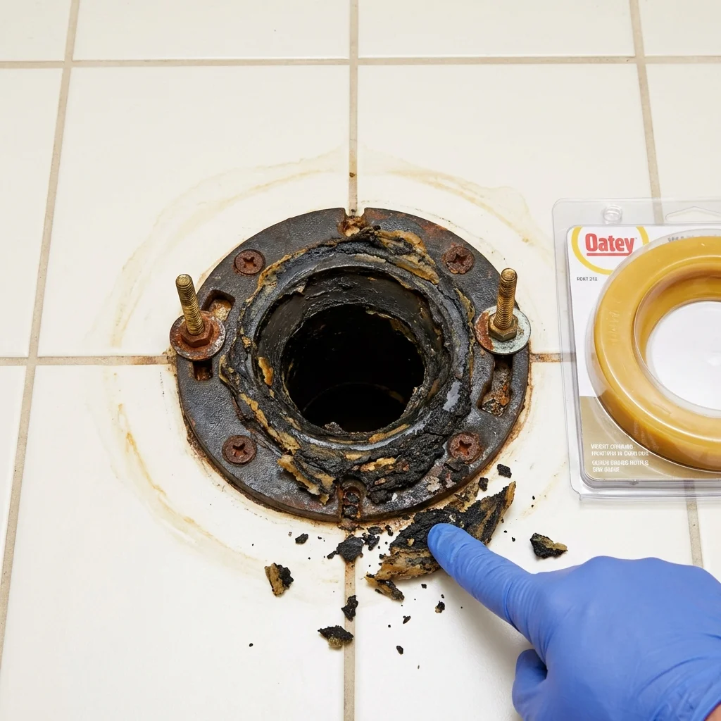 Failed wax ring showing water seepage at the base of a toilet in a Columbus, MS home