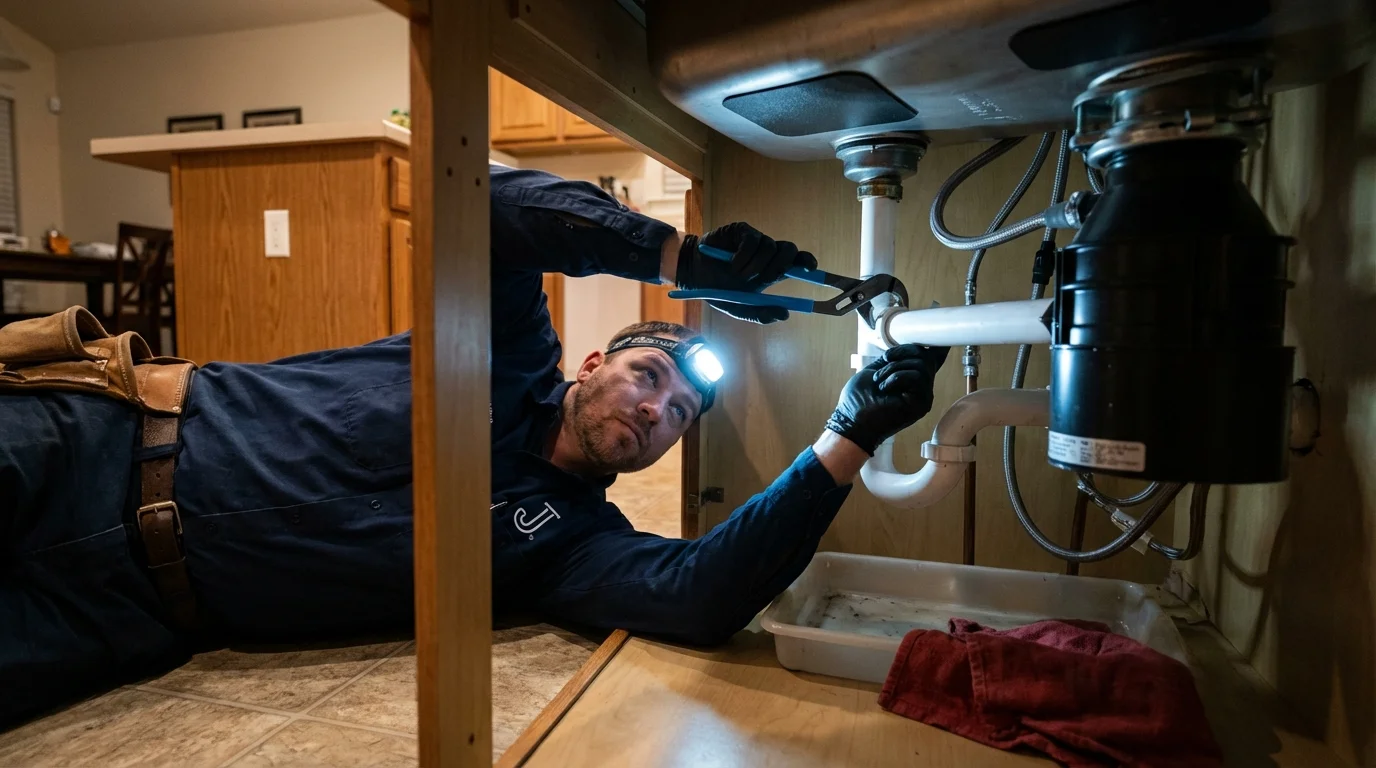 P-trap and supply line connections under a kitchen sink showing a common leak point in Columbus, MS